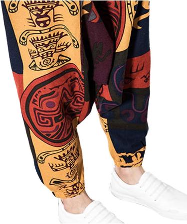 Pejihota Men's Loose Hip-Hop Harem Pants - Linen Bohemian Aladdin Yoga Pants with Pockets | Retro Print & Deep Step Style - Buy Online on SooperMarket.com