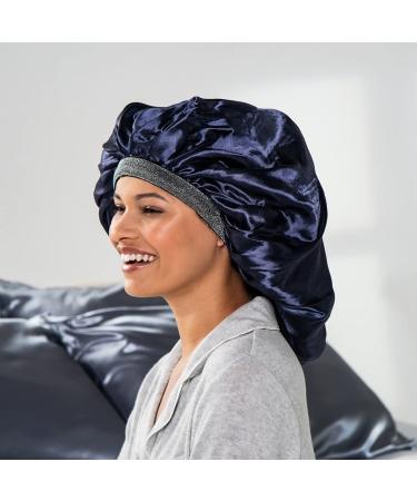 ADAMA Luxy Satin Bonnet  Double Sided for Nighttime Hair Protection  Comfortable Elastic Headband  Shiny Metallic Finish  Extra Large Size for Large Volumes of Hair  Machine Washable  Navy and Silver - Buy Online on SooperMarket.com