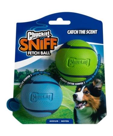 Chuckit! Scented Dog Ball Sniff Fetch Ball Dog Toy Durable High Bounce Bacon and Peanut Butter Scented Rubber Dog Ball Fetch Toy Medium 2 Pack Duo