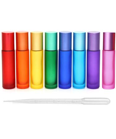 mollensiuer 8Pcs 10ml(1/3oz) High-grade Colorful Frosted Roll on Bottles Thick Glass Massage Roller Bottles Tube Vials Containers for Essential Oils, Aromatherapy, Perfumes and Lip Balms+ 1pc 3ml Dropper