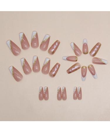 French Tip Press on Nails - Long Gold Foil Square Shape Reusable Gel Nails - 24 Pcs Glossy Nude Stick-On Nails for Women & Girls - Buy Online on SooperMarket.com