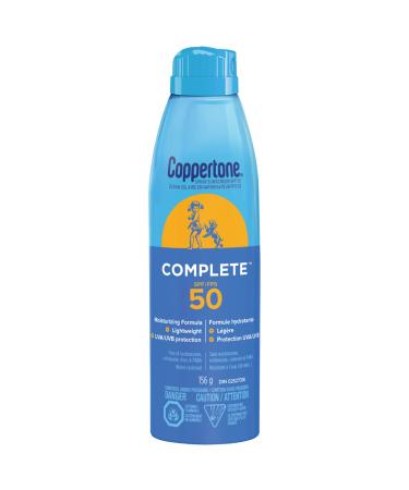 Coppertone Complete SPF 50 Sunscreen Spray Lightweight and Moisturizing Spray Sunscreen Water Resistant Sunscreen Broad Spectrum SPF 50 UVA/UVB Protection Oxybenzone Free 156g Spray SPF 50 156 g (Pack of 1)