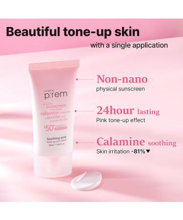 MAKE P:REM Soothing Pink Tone Up Sun Cream - SPF 50 Mineral Sunscreen for Dehydrated Skin | Lightweight Non-Greasy Korean Formula - 1.69 Fl. Oz (50ml - Buy Online on SooperMarket.com