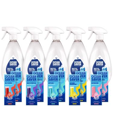 OceanSaver Eco Home Cleaning Starter Kit - 10 Refills & 5 Prevented Ocean Plastic Bottles | Antibacterial Spray Degreaser Bathroom Cleaner All Surface & Floor Cleaner | Plant Based & Cruelty-Free 5 Bottles 10 Refills Home Cleaning Kit