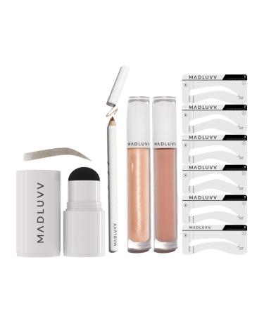 MADLUVV Patented 1-Step Eyebrow Stamp Stencil Kit + Rich Lip Nude Pink Lip Kit Bundle (Soft Brown)