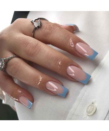 RikView French Tip Nails Square Press on Nails Medium Fake Nails Blue Stick on Nails Glossy Full Cover Nails for Women 24 PCs/Set Medium Square Blue French