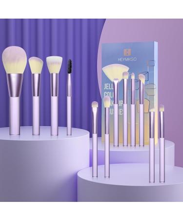 HEYMKGO 12pcs Professional Makeup Brushes Set with Transparent Handles - Ideal for Foundation, Blending, and Eyeshadow - Purple Triangle Puff Included - Buy Online on SooperMarket.com