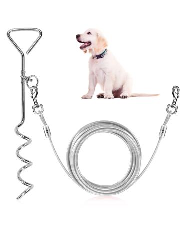 Welltop 16 ft Dog Tie Out Cable with 15" Spiral Ground Stake Spike for Dog Up to 120 lb for Playing Camping and Backyard in Ground (White)