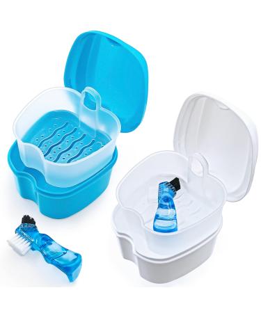 Keedolla 2 Pack Cute Denture Cups Denture Bath Container for Soaking False Teeth Denture Storage Container Soaking Bath Case with 2 Brush - Blue and White Blue & White