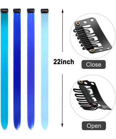 12 Pcs Colored Hair Extensions Colorful Clip in Hair Extensions 22 inch Synthetic Straight Hair Extensions for Kids Girls Women Blue series - Buy Online on SooperMarket.com