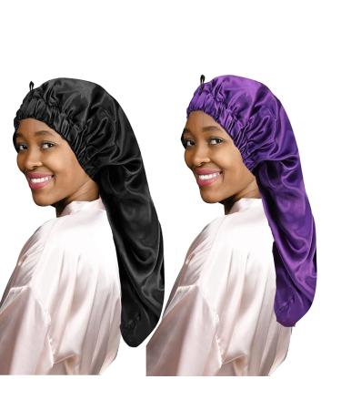 LadayPoa 2 Pcs Long Satin Sleep Cap for Women Girls Silky Cap for Sleeping Large Satin Bonnet Single Layer Sleep Cap with Button for Long Curly Hair Protection Black+purple