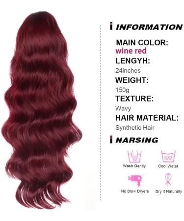 YEESHEDO Wine Red Long Wavy 24 Drawstring Ponytail Hair Extension - Clip-in Curly Synthetic Hairpiece for Women - Buy Online on SooperMarket.com