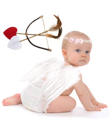 AMOR PRESENT Baby Angel Wings, 5PCS Newborn Photoshoot Clothes White Angel Feather Wing Baby Cupid Costume Set with Headband Bow Swords Photo Prop Outfit 0-18 Months