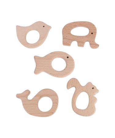 Amosfun 5pcs Wooden Baby Teether Toys Baby Grasping Grab Toys Baby Chewing Toys Teether Toys with Animal Shape (Khaki)