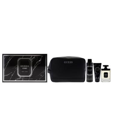 Guess Uomo for Men - 4 Pc Gift Set 3.4oz EDT Spray 6oz Deodorizing Body Spray 3.4oz Shower Gel Pouch 12.8 Fl Oz (Pack of 1)