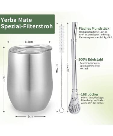 Telanks Mate Becher - 340ml Double-Walled Insulated Stainless Steel Mate Cup with Straw & Brush | Perfect Yerba Mate Mug (Silver) - Buy Online on SooperMarket.com
