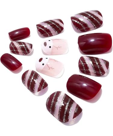 Brishow Christmas Snow Elk Press on Nails - Red Short Square Fake Nails for Women and Girls (24pcs) - Buy Online on SooperMarket.com