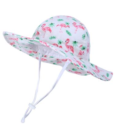 LANGZHEN Beach Sun Protection Hat for Baby Girls Adjustable Toddler Kids Hat Wide Brim Summer Play Hat with Chin Strap flamingo- buff 2-4 Years