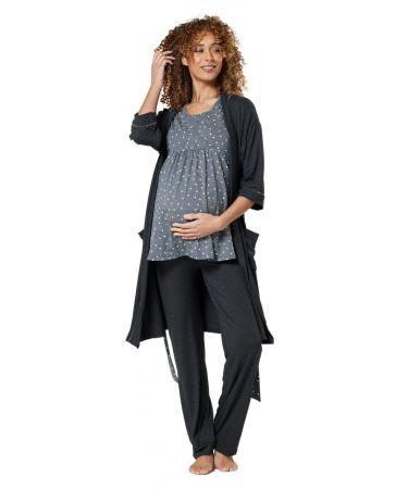 HAPPY MAMA Women's Maternity Nursing 3pcs Nightwear Set: Pants - Top - Robe 558p 10 Graphite Melange & Graphite Melange With Dots