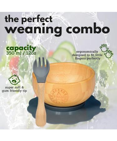 77 Star Bamboo Baby Weaning Set - Suction Bowl, Plate, Spoon & Fork | Non-Slip Baby Feeding Set with Detachable Suction Base | Grey Color - Buy Online on SooperMarket.com