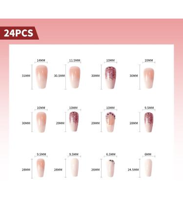 LUVADEYO 24 PCs Pink Coffin Sequins Fake Nails | Medium Length Press-On Nails with Bling Gradient & Rhinestone Design - Gorgeous Full Cover False Nails - Buy Online on SooperMarket.com