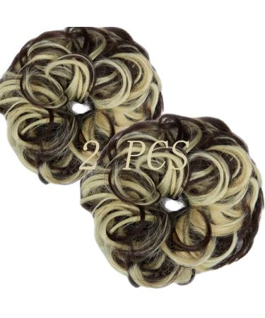 Messy Bun Hair Piece Scrunchies Extension Curly Wavy Updo Hairpieces Synthetic Chignon Ponytail Hair Accessories for Women Girls (Dark Brown Mix Bleach Blonde) 2 PCS 19# Dark Brown Mix Bleach Blonde