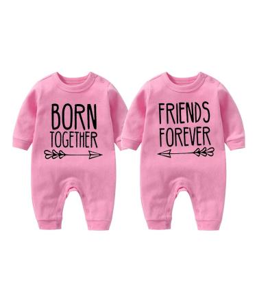 culbutomind Baby Twins Bodysuit Born Together Friends Forever Newborn Baby Unisex Romper Cute Outfit With Hat Set Pink BFT 6-9 Months