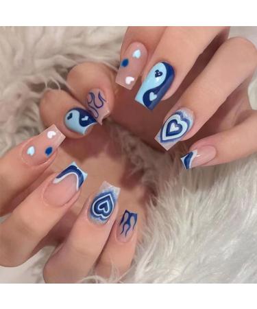 RUNRAYAY Blue Medium Press On Nails with Heart Flame Design Splicing Fack Nails for Girls Acrylic Nude Nail Press On for Women and Girls