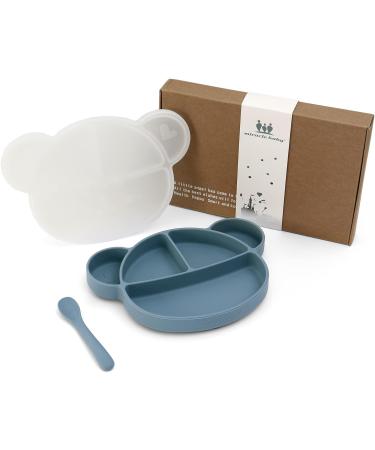 Silicone Baby Suction Plate with Lid and Spoon - Kid Divided Weaning Plate in Blue | BPA Free & Dishwasher Safe - Children's Dinnerware Set - Buy Online on SooperMarket.com