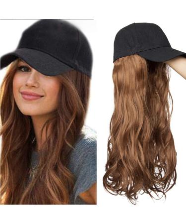 Black Baseball Hat with Hair Attached Wigs Curly Body Wave Synthetic Hairpiece Cap Hair Extensions for Women (16" Light Brown) 16"-Body Wave Light Brown