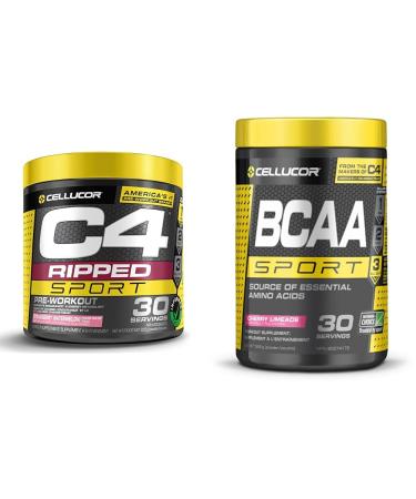 C4 Ripped Sport Pre Workout Powder Strawberry Watermelon & BCAA Sport Recovery Powder - Post & Intra Workout Energy Supplement - Cherry Limeade 30 Servings