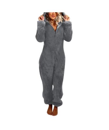 Haiorziyou women jumpsuit onesie plush cozy teddy fleece pajamas one -piece winter warm overall with hooded zipper fluffy house suit long sleep overall soft pajama pajamas 4xl 1#gray