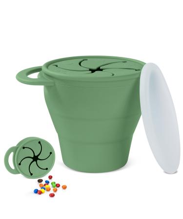Vicloon Collapsible Silicone Baby Snack Cup Baby Snack Cup Silicone Snack Cup Non Spill Snack Pot for Baby Snack Catcher Food Cup with Lid Snack Pot for Toddler (Green)