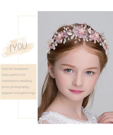 IYOU Flower Girl Headband Pink Floral Headpiece Pearl Leafs Commmunion Hair Vines Bridal Wedding Hair Accessories for Girls - Buy Online on SooperMarket.com