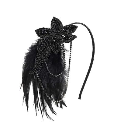 1920s Rhinestone Flapper Headbands Feather Beaded Headpiece Roaring 20s Hair Bands Art Deco Party Hairbands Great Hair Accessories with Chain Black
