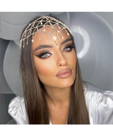 Aularso Rhinestone Head Chain Jewelry Forehead Hair Chain Wedding Tassel Headpiece luxury Crystal Party Headband for Women and Girls (Gold)