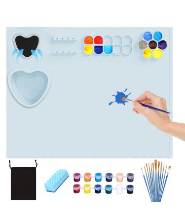 PJOETYONE Silicone Craft Mat with Detachable Cup, 17PCS Silicone Painting Mat Set for Resin Casting, 20"  16" Silicone Art Mat, Art Clay, Silicone Artist Sheet Set for DIY Creations, Heat Resistant Blue