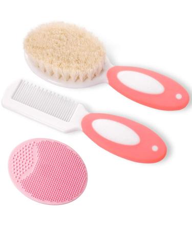 Baby Hair Brush and Comb Set for Newborns & Toddlers | Natural Soft Goat Bristles | Ideal for Cradle Cap | Perfect Baby Registry Gift (Pink)