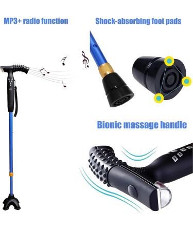 Adjustable Walking Stick Blue Smart Anti Slip Quad Cane for Seniors with Radio for Elderly LED Guide Light - Buy Online on SooperMarket.com