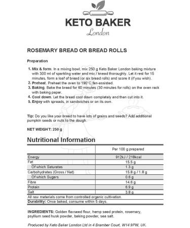 Keto Baker London Bread and Cake Mix - Rosemary Bread Vegan Gluten-Free Low-Carb - Buy Online on SooperMarket.com