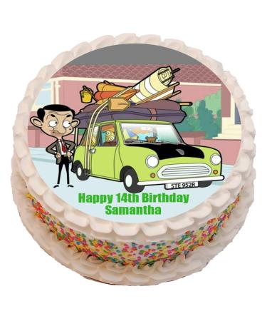 Mr Bean & Car Personalised PRECUT Cake Topper 8 Inch Round Edible Icing Sheet Birthday Decoration