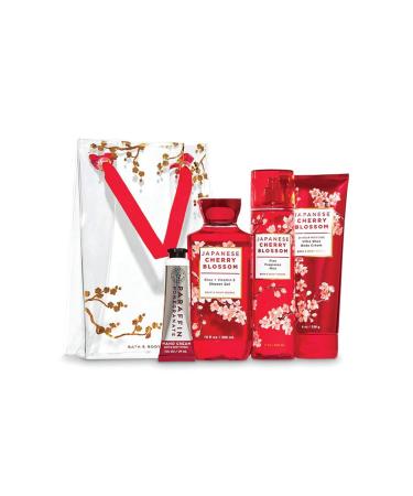 Bath and Body Works JAPANESE CHERRY BLOSSOM Gift Bag Set - Body Cream - Shower Gel - Fine Fragrance Mist and a Pomegranate Hand Cream - Full Size