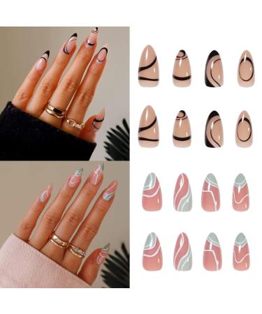 48 Pieces 2 Packs French Tip False Nails Short Press on Nails Black Wavy Lines Almond Fake Nail Set with Adhesive Tabs Full Cover Stick for Women Girls false nail-2set