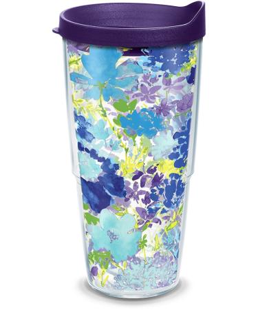 Tervis Made in USA Double Walled Fiesta Insulated Tumbler Cup Keeps Drinks Cold & Hot, 24oz - Purple Lid, Purple Floral