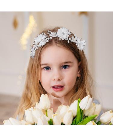 IYOU Flower Girl Headpiece Floral White Headbands Pearl Wedding Hair Vines Bridal Communion Hair Accessories for Girls - Buy Online on SooperMarket.com