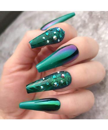 Brishow Coffin False Nails Long Fake Nails Green Ballerina Acrylic Press on Nails Full Cover Stick on Nails 20pcs for Women and Girls (Green)