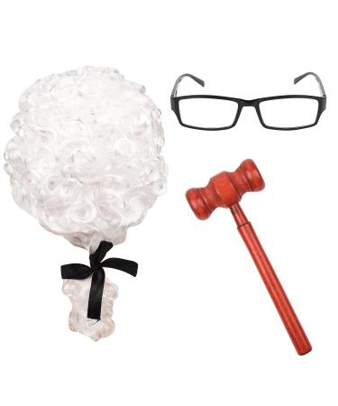 Lezevn 3Pcs Judge Wig Judge Gavels and Glasses Judge Court Lawyer Wig Headwear Mini Wooden Judge Gavel Toy Halloween Costume Accessories