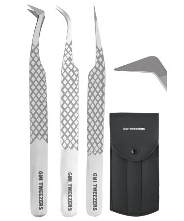 GMI Lash Tweezers - Pack of 3 Firber Tip Eyelash Tweezers - Stainless Steel Eyelash Extension Tweezers