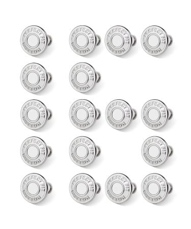 16 Sets Button Pins for Jeans,Jean Buttons Pins for Loose Jeans,No Sew and No Tools Instant Replacement Snap Tack Pant Button, Reusable and Adjustable Metal Pants Button Tightener silver