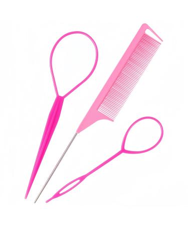 sularpek 3pcs Topsy Tail Hair Tool Pink Hair Looping Tool with Rat Tail Comb Hair Pull Through Tool Tail French Braid Loop Tool Hair Braiding Tool for Making Women and Girls Hair Style